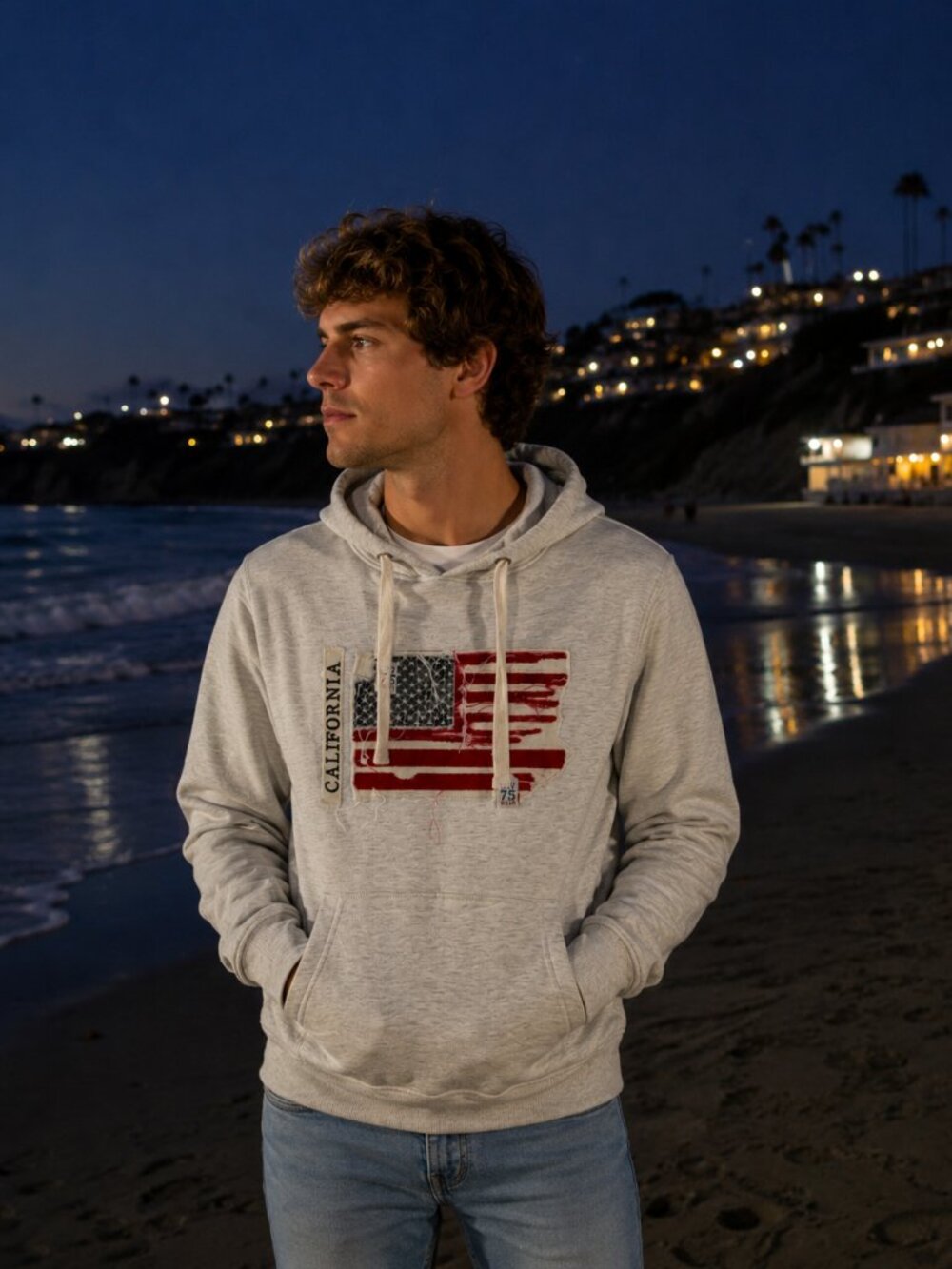 American Flag Gray Hoodie Men's SZ SM Unisex (women's L) Beachcore America250